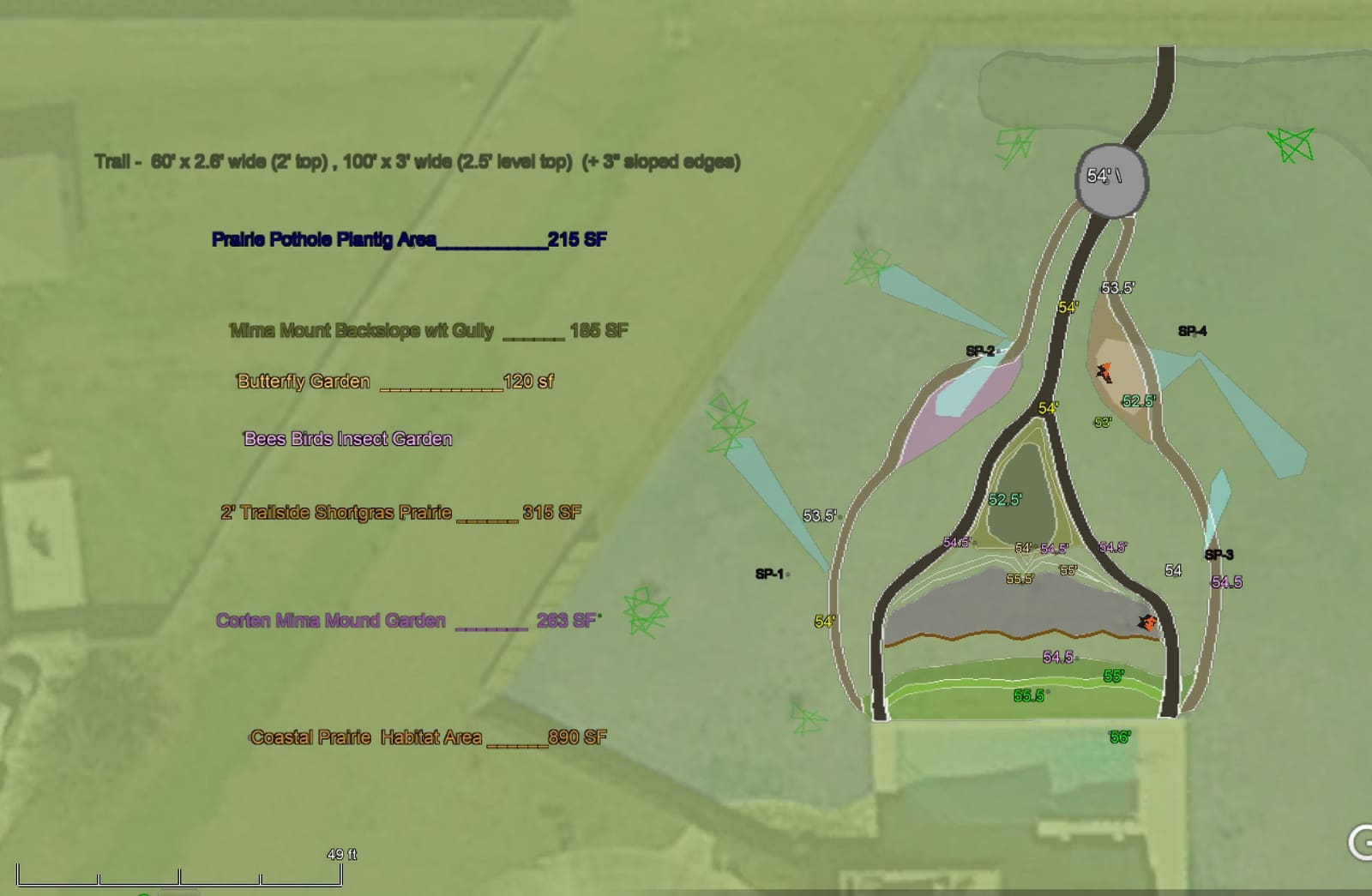 A colored landscape master plan drawn over an aerial photo, labeling prairie and butterfly garden areas
