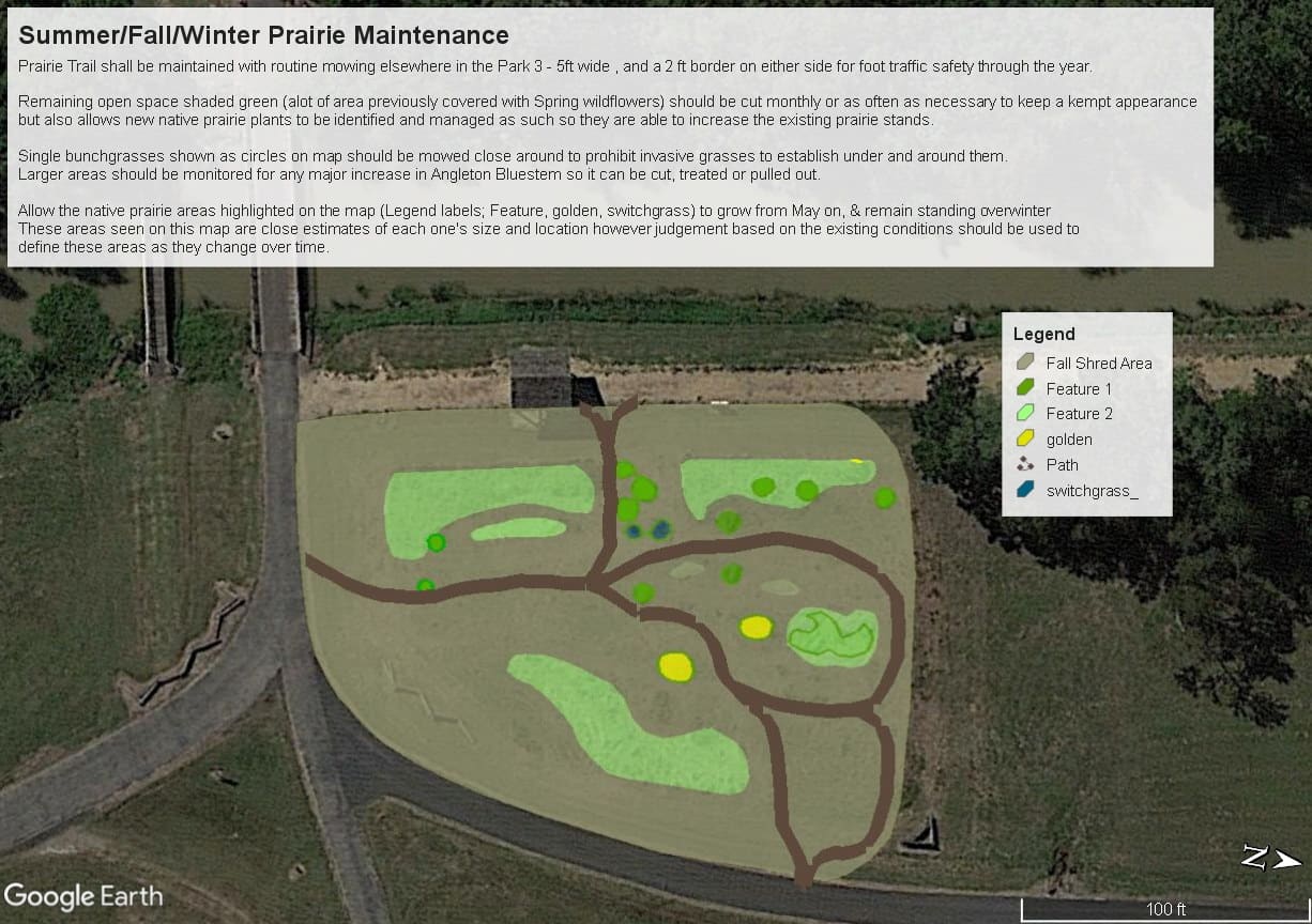 A maintenance map over an aerial view marking prairie areas by season with a legend