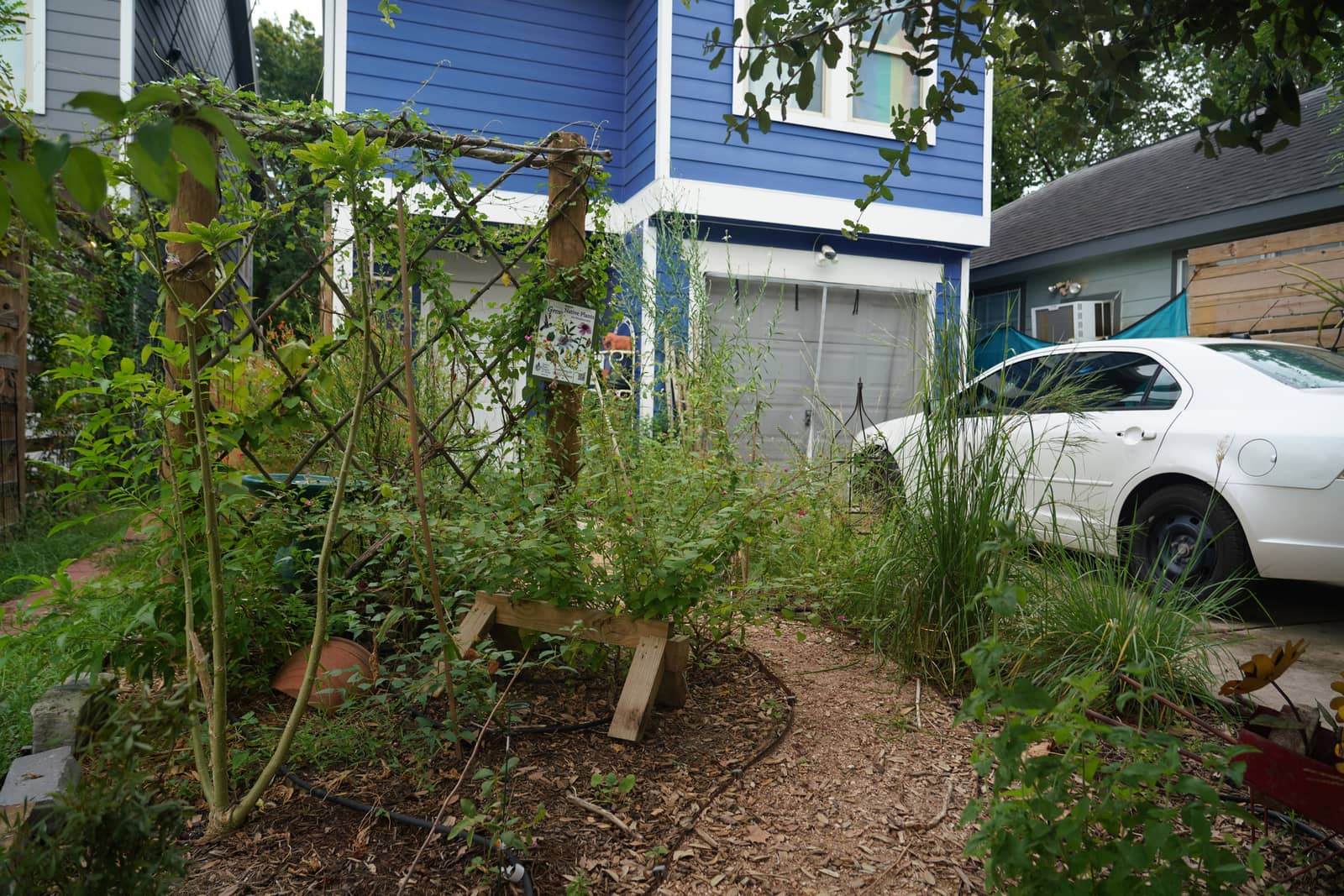 A narrow garden beside a townhouse driveway: a branch trellis on wooden posts, tall grasses, and a car parked by the garage